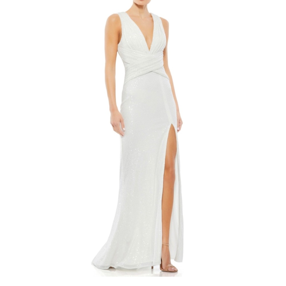 NWT | IEENA MAC DUGGAL White V-Neck Sequin Wrap Gown 26598 | Sz 4